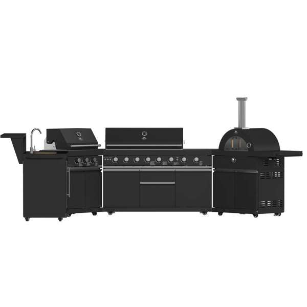 All'Aperto Black Countertops, 99,600 BTU BBQ, Sink, Bar Module, Plancha & Pizza Oven