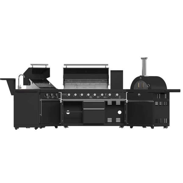 All'Aperto Black Countertops, 99,600 BTU BBQ, Sink, Bar Module, Plancha & Pizza Oven