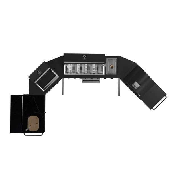 All'Aperto Black Countertops, 99,600 BTU BBQ, Sink, Bar Module, Plancha & Pizza Oven