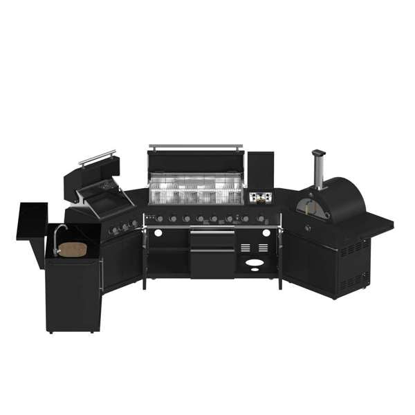 All'Aperto Black Countertops, 99,600 BTU BBQ, Sink, Bar Module, Plancha & Pizza Oven