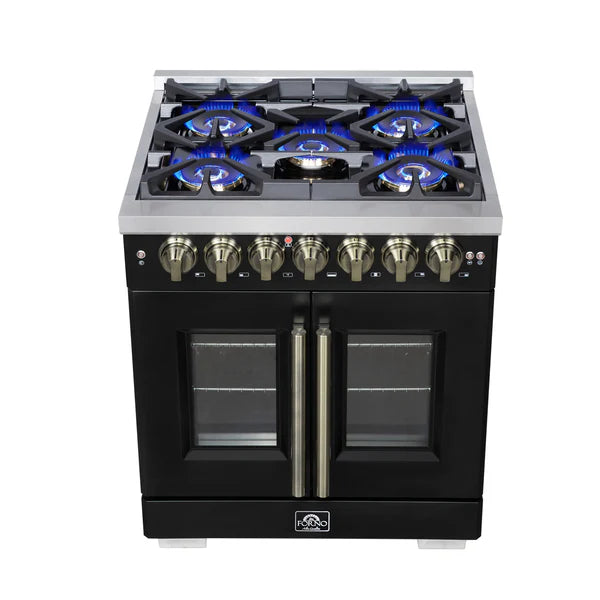Forno Capriasca 30-Inch Freestanding French Door Dual Fuel Range, 4 Burners, True Convection Oven