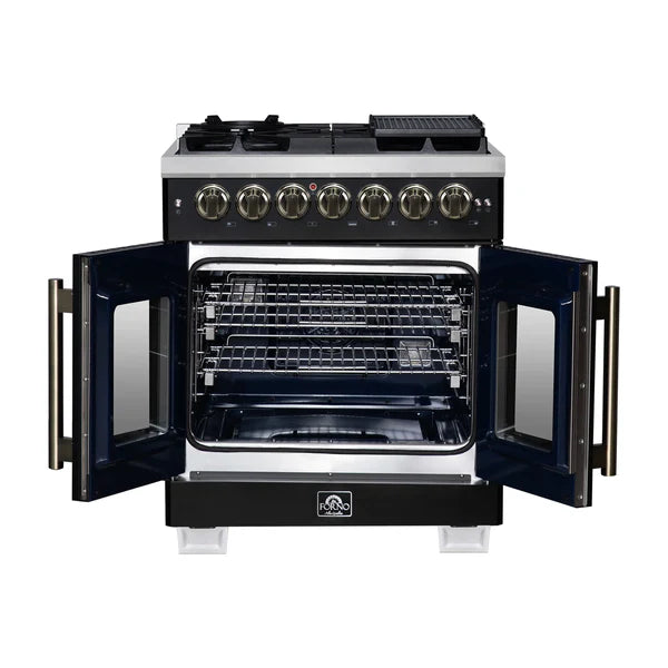 Forno Capriasca 30-Inch Freestanding French Door Dual Fuel Range, 4 Burners, True Convection Oven