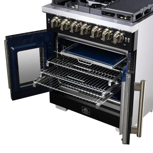 Forno Capriasca 30-Inch Freestanding French Door Dual Fuel Range, 4 Burners, True Convection Oven