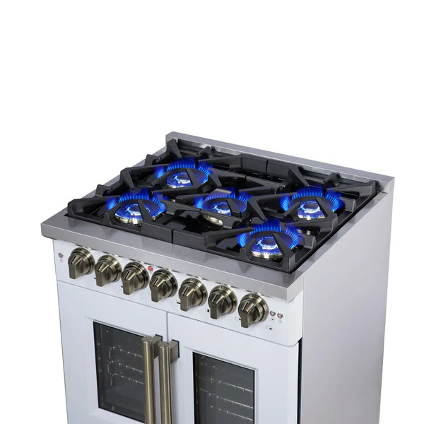 Forno Capriasca 30-Inch Freestanding French Door Dual Fuel Range, 4 Burners, True Convection Oven