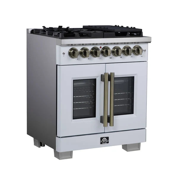 Forno Capriasca 30-Inch Freestanding French Door Dual Fuel Range, 4 Burners, True Convection Oven
