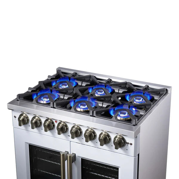 Forno Capriasca 36-Inch Freestanding French Door Dual Fuel Range, 6 Burners, True Convection Oven