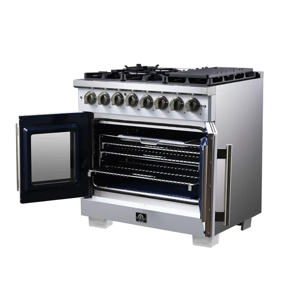 Forno Capriasca 36-Inch Freestanding French Door Dual Fuel Range, 6 Burners, True Convection Oven