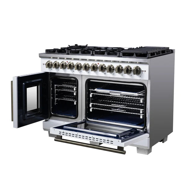 Forno Capriasca 48-Inch Freestanding French Door Dual Fuel Range, 8 Burners, True Convection Oven