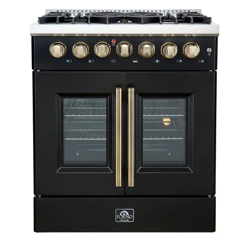 Forno Galiano 30-inch French Door Dual Fuel Range All Stainless Steel, 5 Sealed Burners 68,000 BTU, 4.32 cu.ft. True Convection Oven