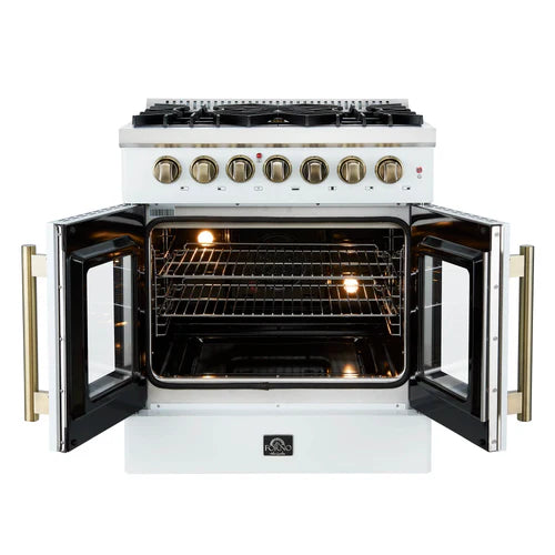 Forno Galiano 30-inch French Door Dual Fuel Range All Stainless Steel, 5 Sealed Burners 68,000 BTU, 4.32 cu.ft. True Convection Oven