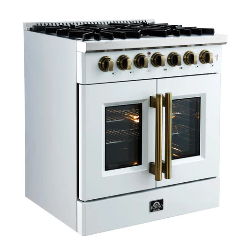 Forno Galiano 30-inch French Door Dual Fuel Range All Stainless Steel, 5 Sealed Burners 68,000 BTU, 4.32 cu.ft. True Convection Oven