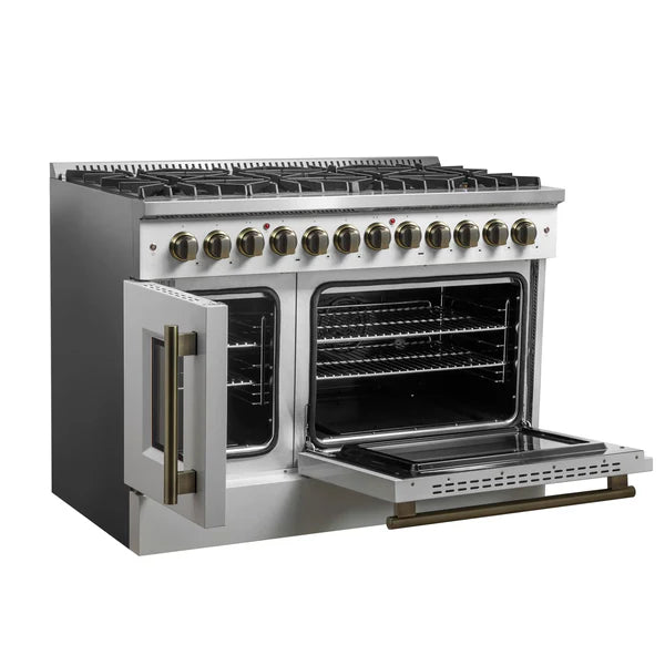FORNO Galiano 48-Inch French Door Dual Fuel Range All Stainless Steel, 8 Sealed Burners, 107,000 BTU, Griddle, 6.58 cu.ft. Double Ovens