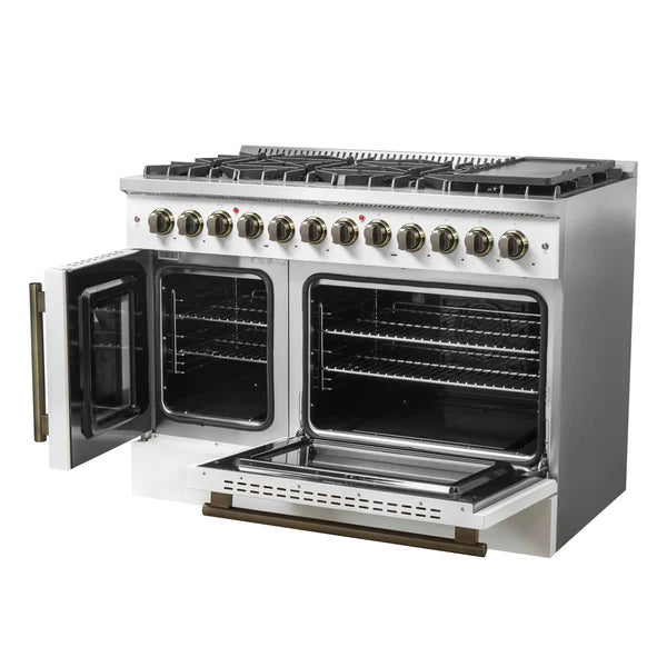 FORNO Galiano 48-Inch French Door Dual Fuel Range All Stainless Steel, 8 Sealed Burners, 107,000 BTU, Griddle, 6.58 cu.ft. Double Ovens