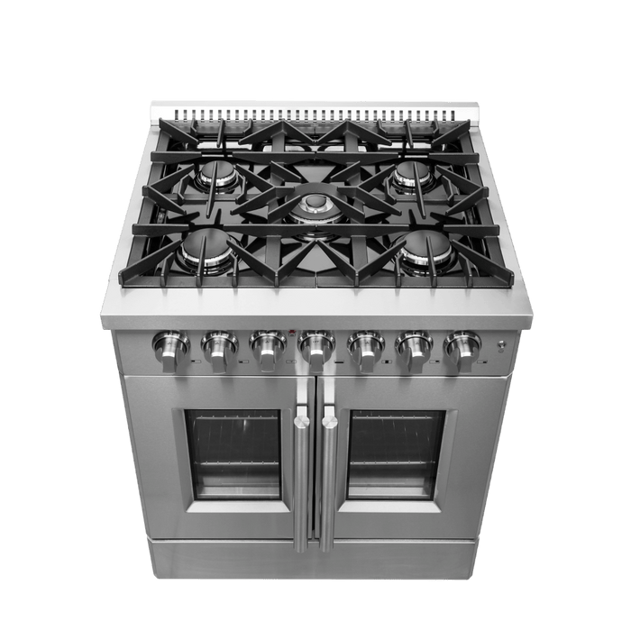 Forno Galiano 30-inch French Door Dual Fuel Range All Stainless Steel, 5 Sealed Burners 68,000 BTU, 4.32 cu.ft. True Convection Oven