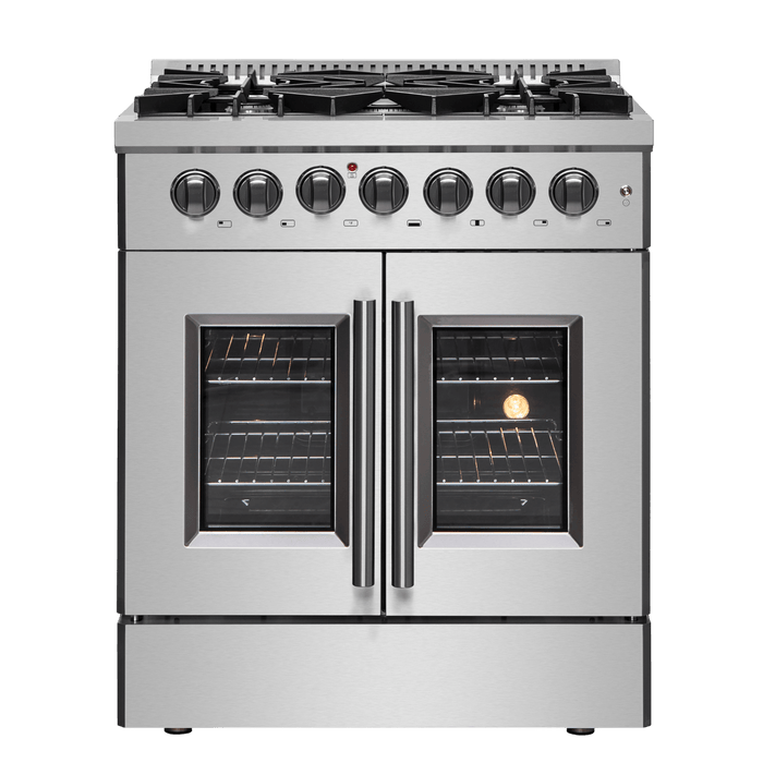 Forno Galiano 30-inch French Door Dual Fuel Range All Stainless Steel, 5 Sealed Burners 68,000 BTU, 4.32 cu.ft. True Convection Oven