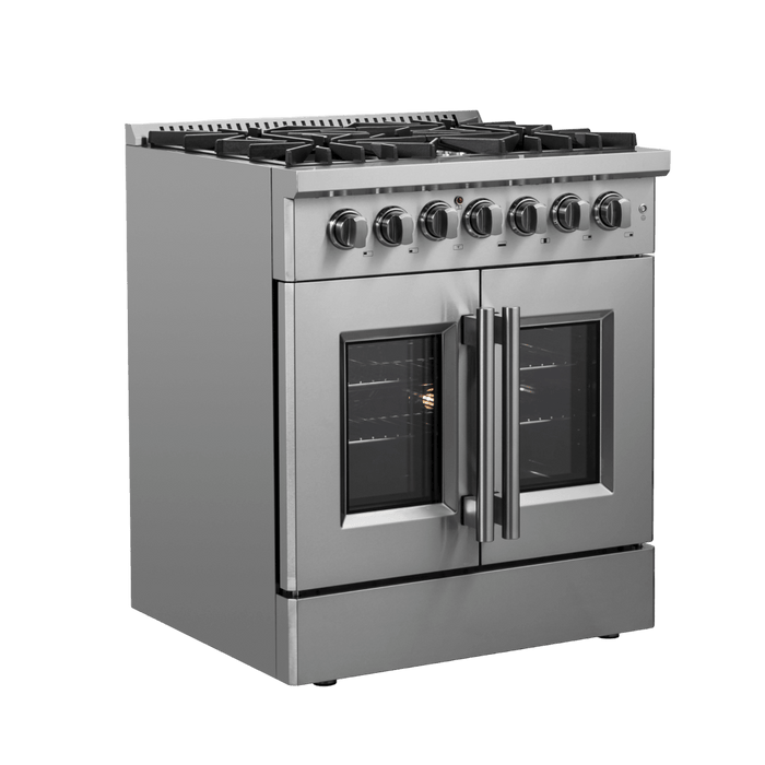 Forno Galiano 30-inch French Door Dual Fuel Range All Stainless Steel, 5 Sealed Burners 68,000 BTU, 4.32 cu.ft. True Convection Oven