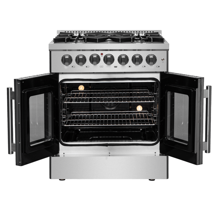 Forno Galiano 30-inch French Door Dual Fuel Range All Stainless Steel, 5 Sealed Burners 68,000 BTU, 4.32 cu.ft. True Convection Oven