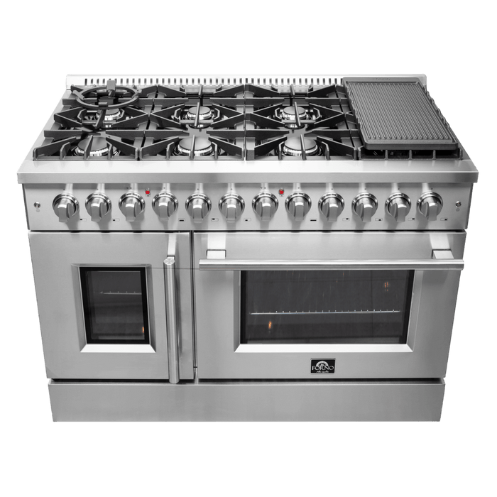 FORNO Galiano 48-Inch French Door Dual Fuel Range All Stainless Steel, 8 Sealed Burners, 107,000 BTU, Griddle, 6.58 cu.ft. Double Ovens