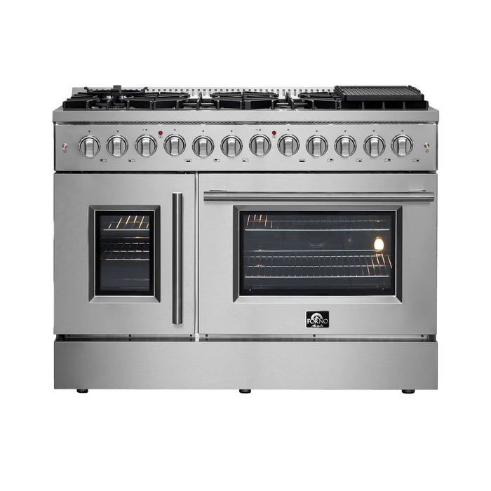 FORNO Galiano 48-Inch French Door Dual Fuel Range All Stainless Steel, 8 Sealed Burners, 107,000 BTU, Griddle, 6.58 cu.ft. Double Ovens