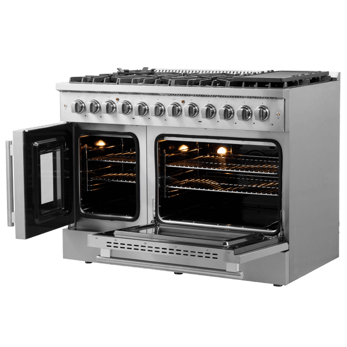 FORNO Galiano 48-Inch French Door Dual Fuel Range All Stainless Steel, 8 Sealed Burners, 107,000 BTU, Griddle, 6.58 cu.ft. Double Ovens