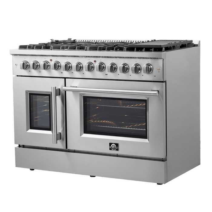 FORNO Galiano 48-Inch French Door Dual Fuel Range All Stainless Steel, 8 Sealed Burners, 107,000 BTU, Griddle, 6.58 cu.ft. Double Ovens