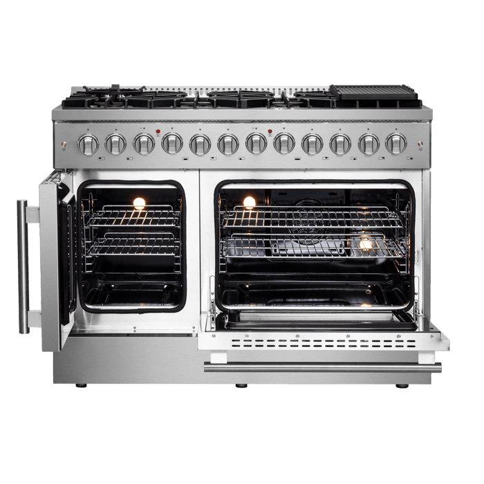 FORNO Galiano 48-Inch French Door Dual Fuel Range All Stainless Steel, 8 Sealed Burners, 107,000 BTU, Griddle, 6.58 cu.ft. Double Ovens