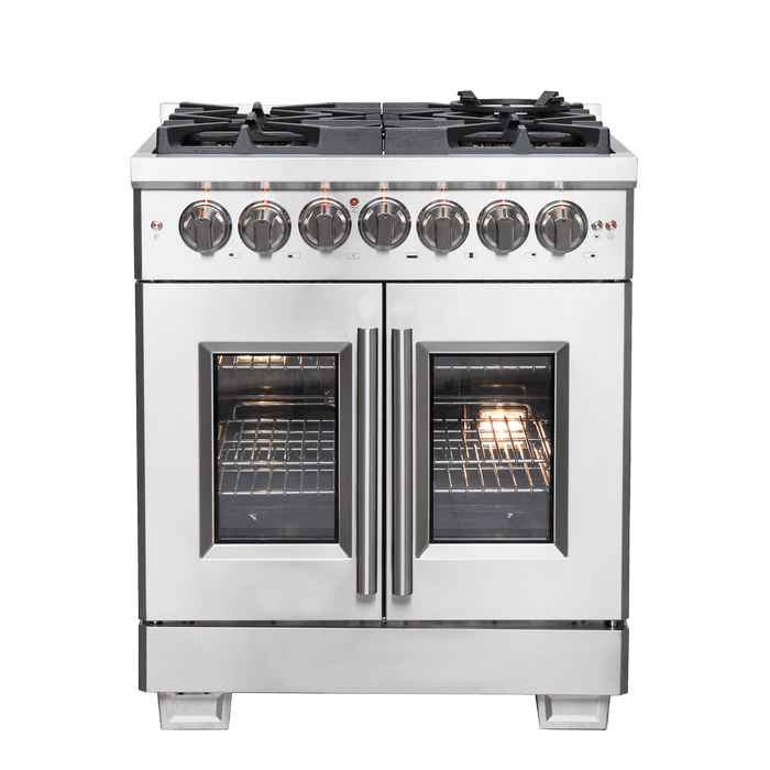 Forno Capriasca 30-Inch Freestanding French Door Dual Fuel Range, 4 Burners, True Convection Oven