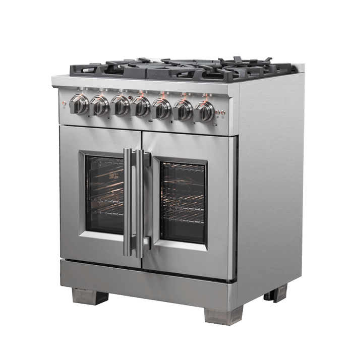 Forno Capriasca 30-Inch Freestanding French Door Dual Fuel Range, 4 Burners, True Convection Oven