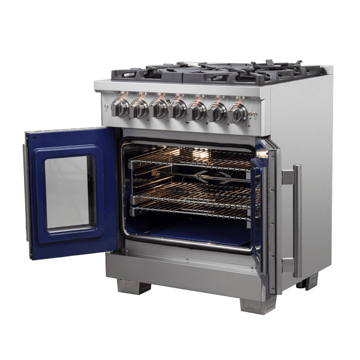 Forno Capriasca 30-Inch Freestanding French Door Dual Fuel Range, 4 Burners, True Convection Oven
