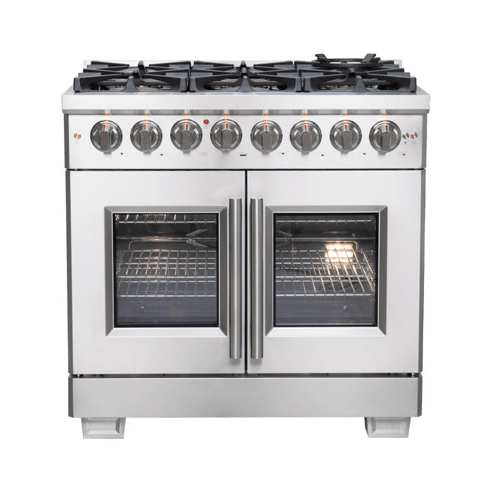Forno Capriasca 36-Inch Freestanding French Door Dual Fuel Range, 6 Burners, True Convection Oven