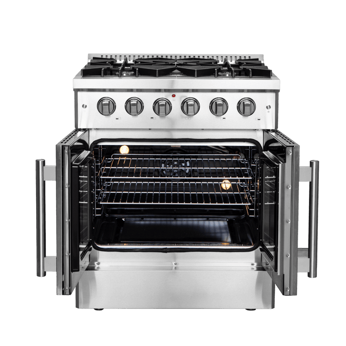 Forno Galiano 30-Inch Freestanding French Door Gas Range, 4 Burners, Convection Oven, Energy Efficient