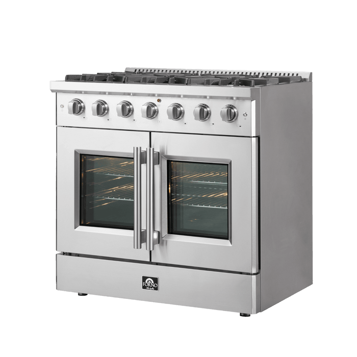 Forno Galiano 36-Inch Freestanding French Door Gas Range, 6 Burners, Convection Oven, Energy Efficient