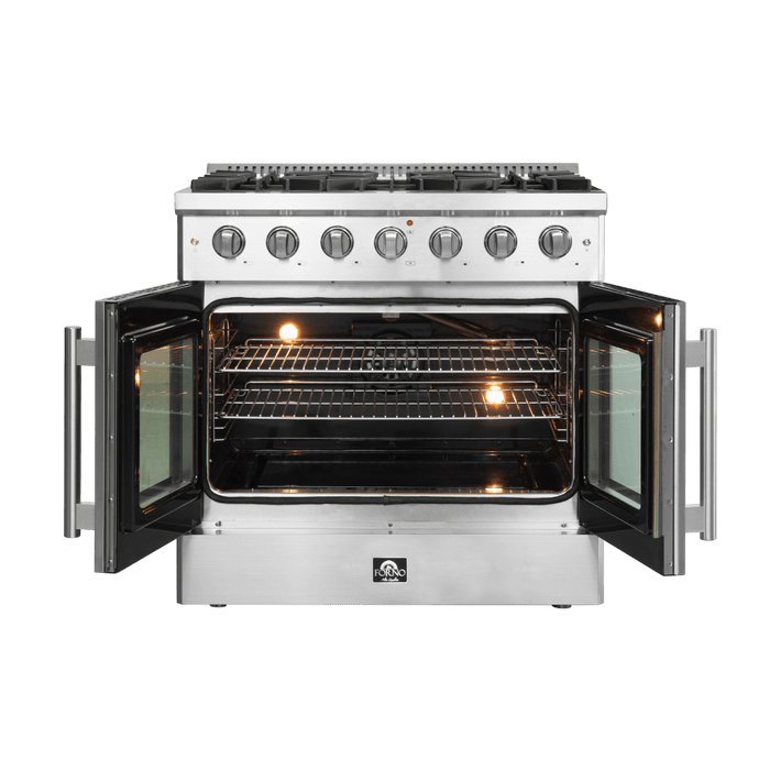 Forno Galiano 36-Inch Freestanding French Door Gas Range, 6 Burners, Convection Oven, Energy Efficient