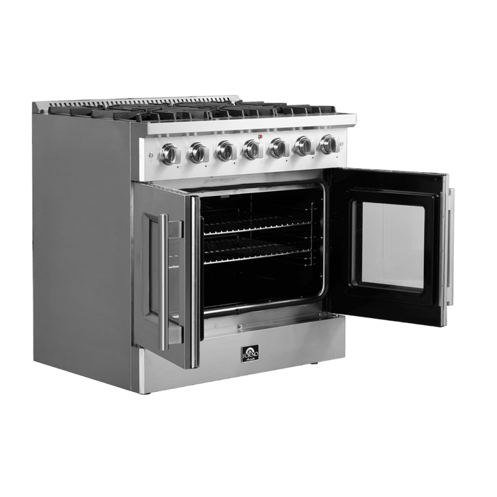Forno Galiano 36-Inch Freestanding French Door Gas Range, 6 Burners, Convection Oven, Energy Efficient