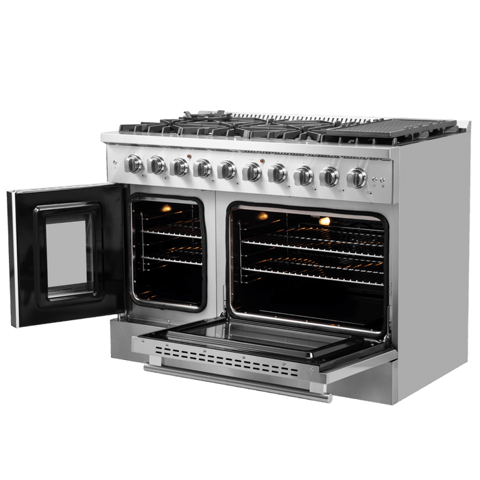 Forno Galiano 48-Inch Freestanding French Door Gas Range, 8 Burners, Griddle, Convection Oven, Energy Efficient