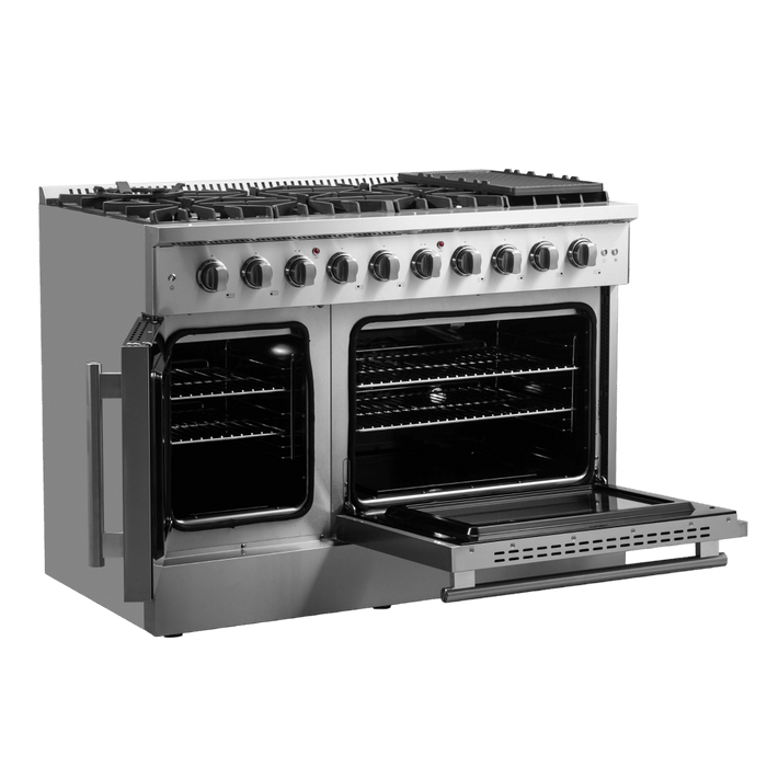 Forno Galiano 48-Inch Freestanding French Door Gas Range, 8 Burners, Griddle, Convection Oven, Energy Efficient