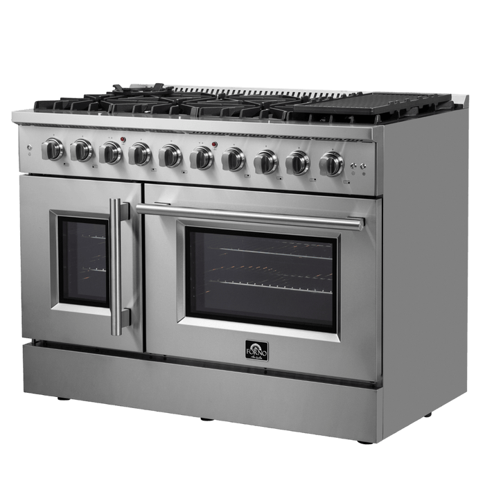 Forno Galiano 48-Inch Freestanding French Door Gas Range, 8 Burners, Griddle, Convection Oven, Energy Efficient