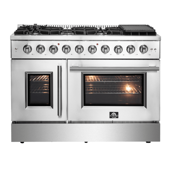 Forno Galiano 48-Inch Freestanding French Door Gas Range, 8 Burners, Griddle, Convection Oven, Energy Efficient