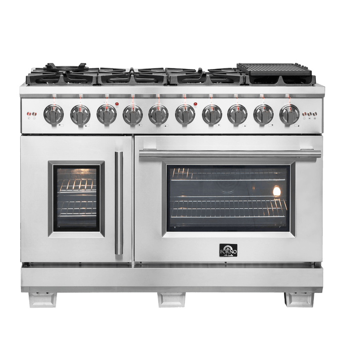 Forno Capriasca 48-Inch Freestanding French Door Gas Range, 8 Burners, Convection Oven, Energy Efficient