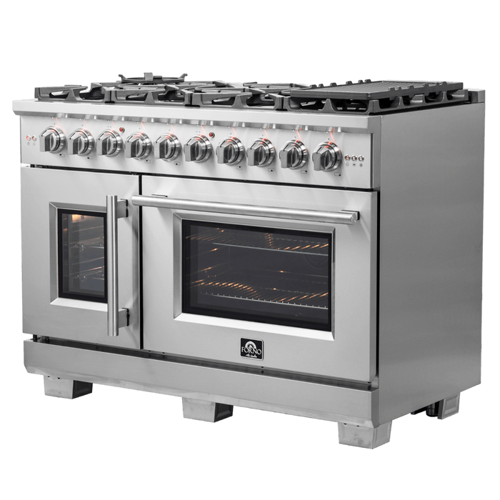 Forno Capriasca 48-Inch Freestanding French Door Gas Range, 8 Burners, Convection Oven, Energy Efficient