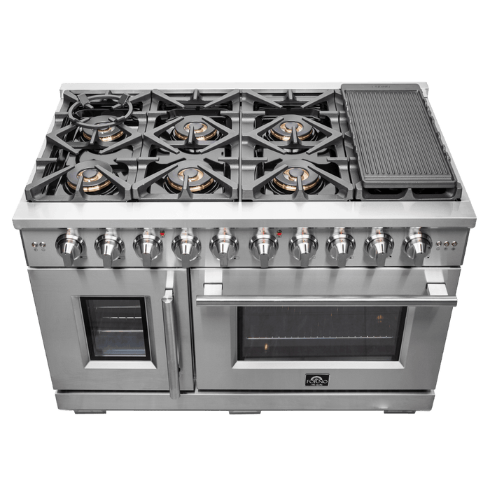 Forno Capriasca 48-Inch Freestanding French Door Gas Range, 8 Burners, Convection Oven, Energy Efficient