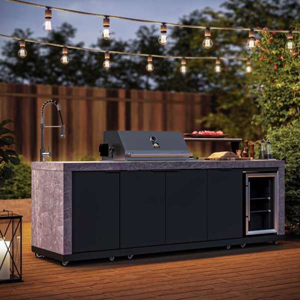 Rimini Outdoor Kitchen: 30" BBQ 62,600 BTU, 2.4 cu.ft. Refrigerator, Gray Countertops