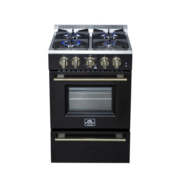Forno Breno 24 Inch Freestanding Gas Range in Black/White with Antique Brass, Compact Design