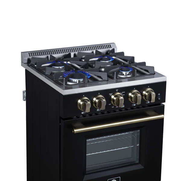 Forno Breno 24 Inch Freestanding Gas Range in Black/White with Antique Brass, Compact Design