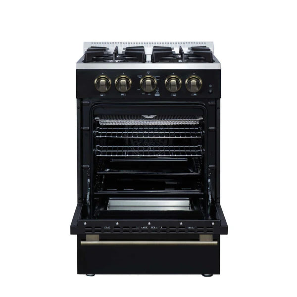 Forno Breno 24 Inch Freestanding Gas Range in Black/White with Antique Brass, Compact Design