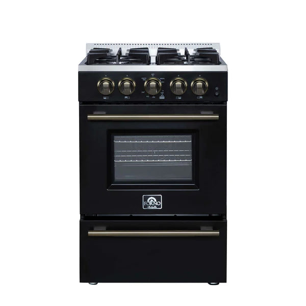 Forno Breno 24 Inch Freestanding Gas Range in Black/White with Antique Brass, Compact Design