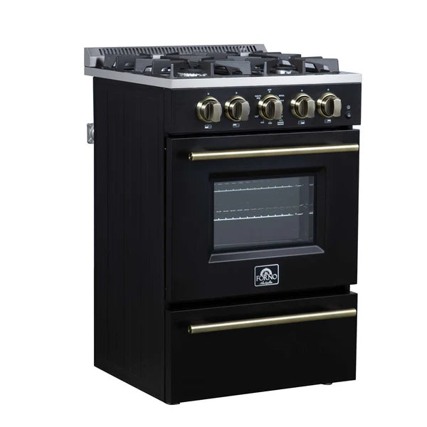Forno Breno 24 Inch Freestanding Gas Range in Black/White with Antique Brass, Compact Design