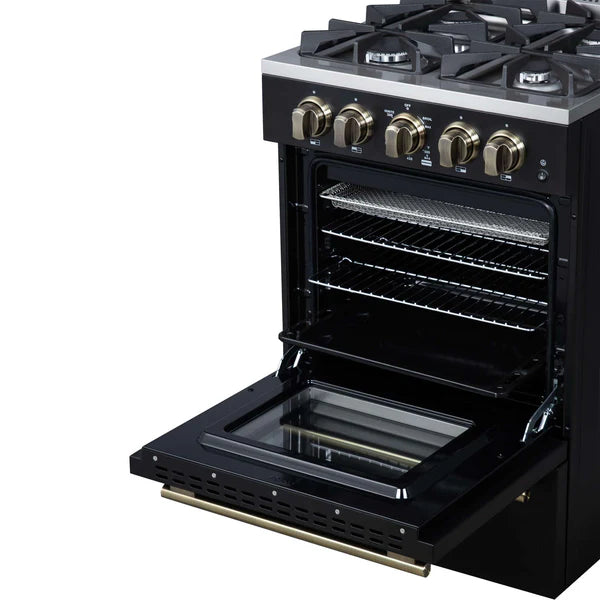 Forno Breno 24 Inch Freestanding Gas Range in Black/White with Antique Brass, Compact Design