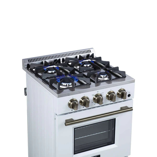 Forno Breno 24 Inch Freestanding Gas Range in Black/White with Antique Brass, Compact Design