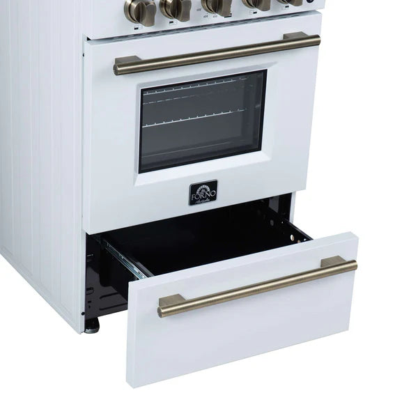Forno Breno 24 Inch Freestanding Gas Range in Black/White with Antique Brass, Compact Design